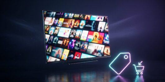 A 4K television with a neon price tag and cart icon, illustrating an IPTV discount