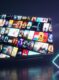 A 4K television with a neon price tag and cart icon, illustrating an IPTV discount