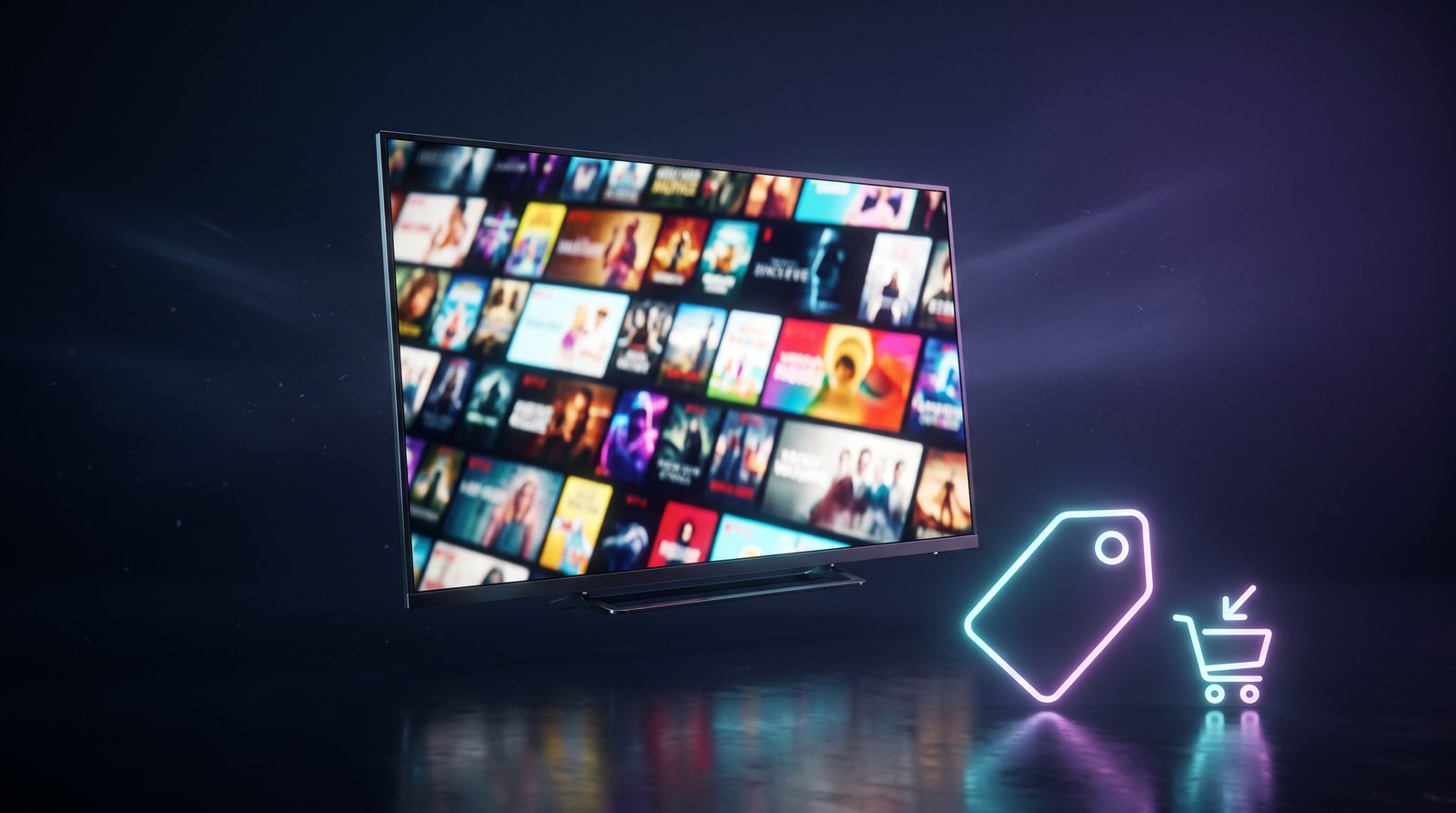 A 4K television with a neon price tag and cart icon, illustrating an IPTV discount